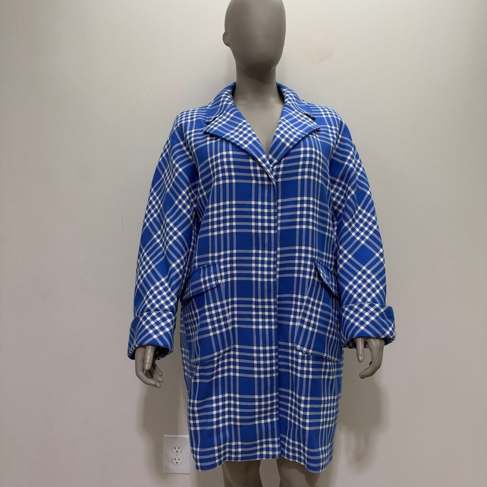 NWT Marina Rinaldi Blue & White Checked Overcoat US 16 Preppy Coastal Academia - Picture 3 of 12